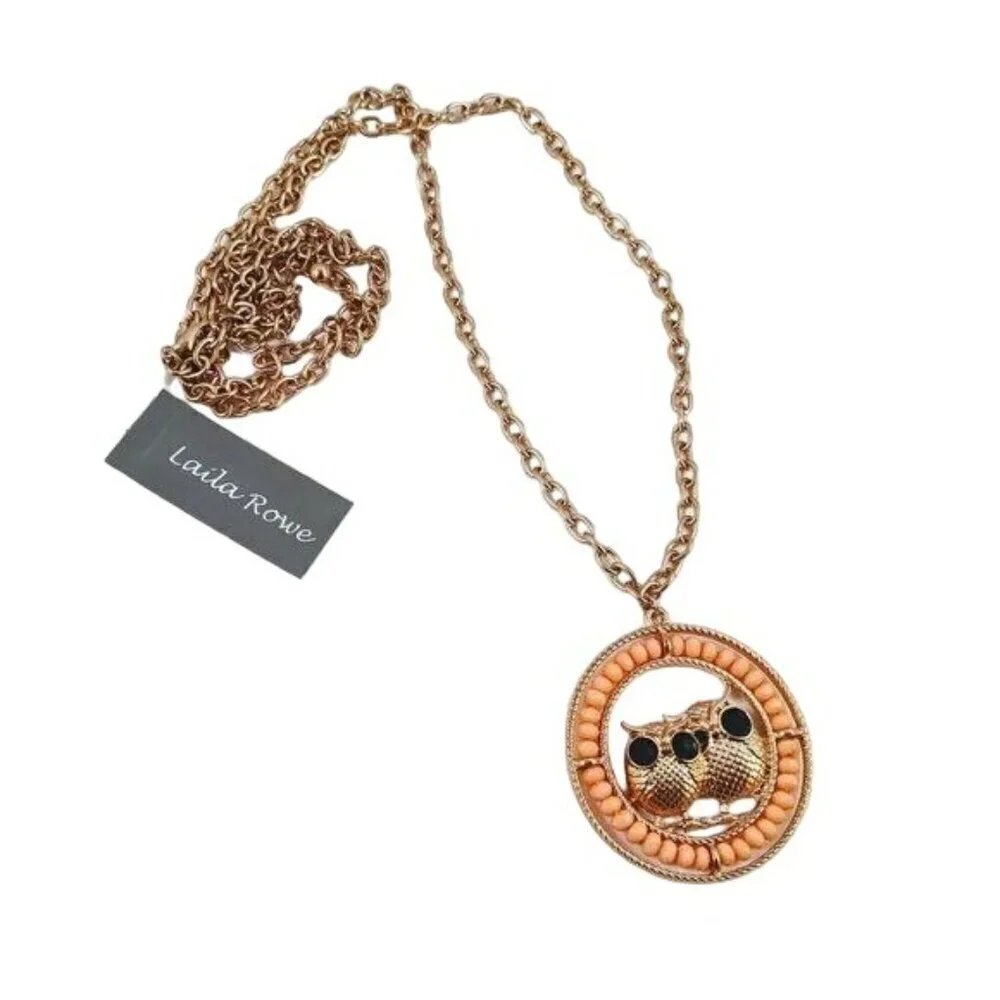 NWT Laila Rowe Long Gold Tone & Peach Owl Necklace